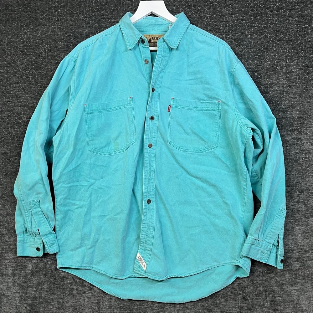 Vintage Levi's Denim Button Up Shirt Mens Teal Pockets USA Made Classic - Large
